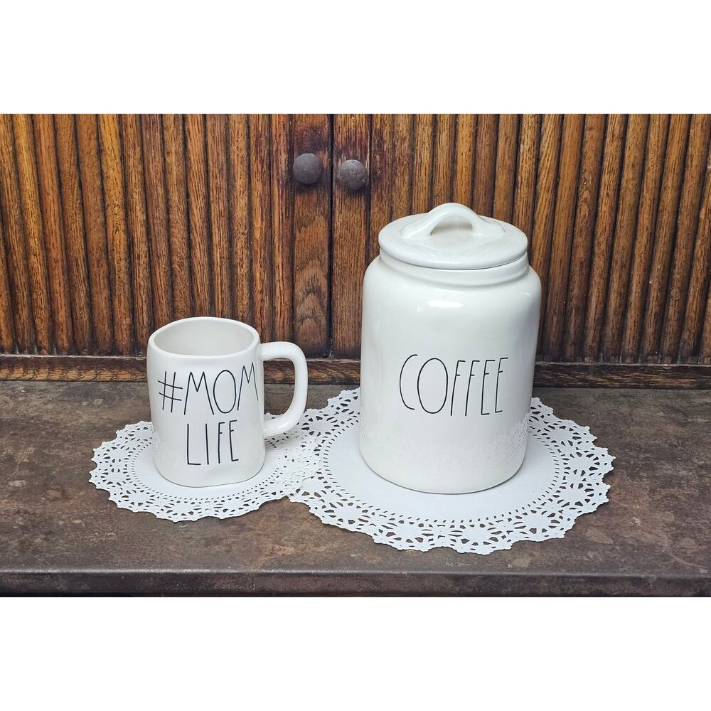 Rae Dunn Large COFFEE Canister Jar & #MOMLIFE Mug Set White Lace Bottom Ceramic